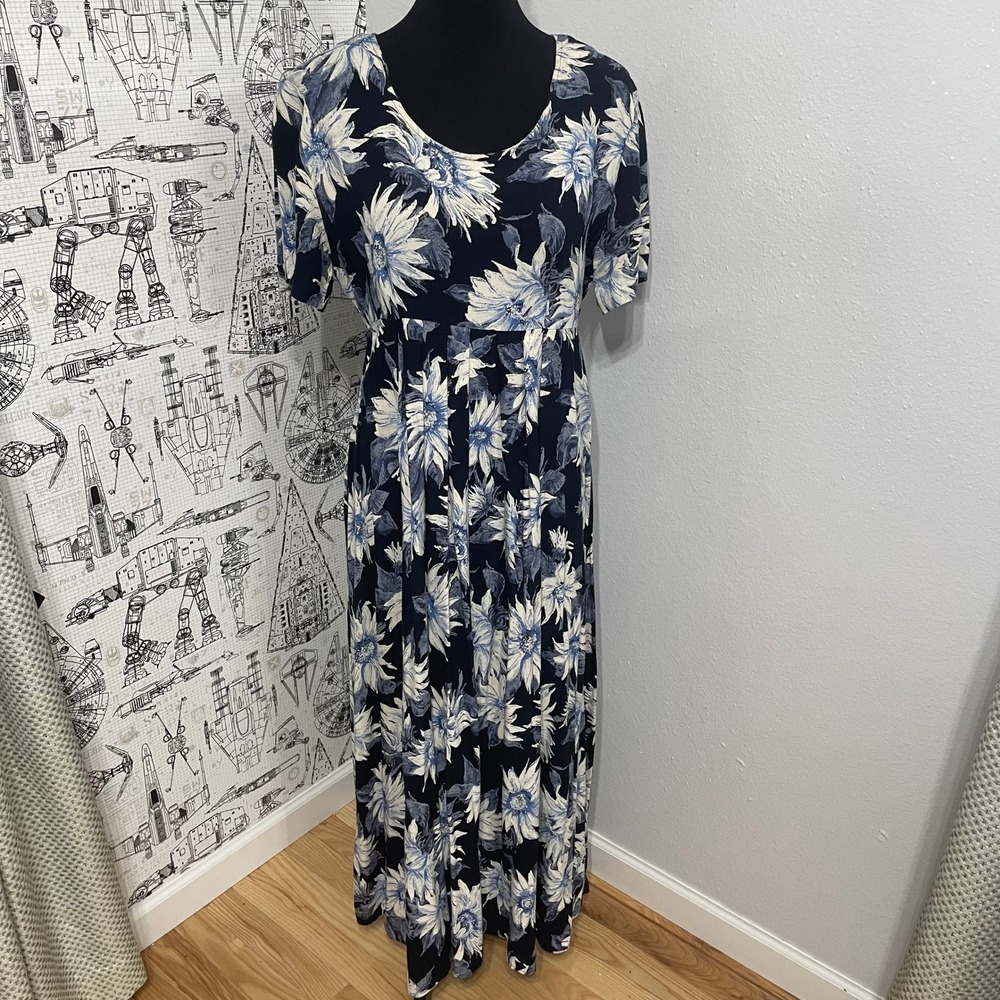 Ms Choice California Navy Blue Floral Maxi Dress Short Sleeve no size tag